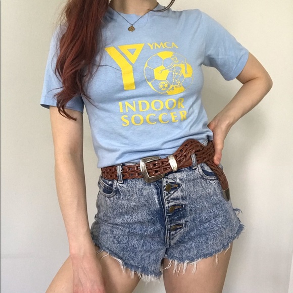 Vintage Tops - Vintage 1980s Pastel Blue YMCA Indoor Soccer Tee